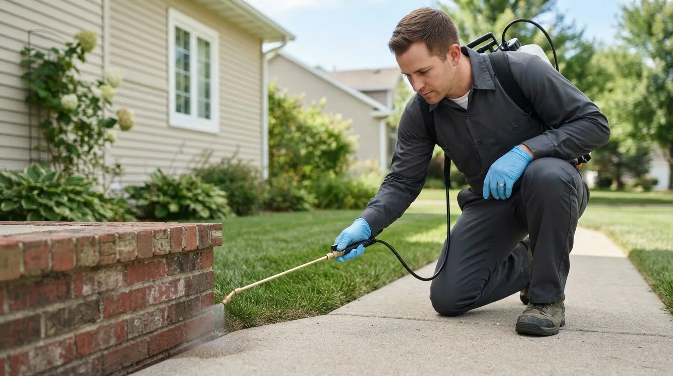 Pest control technician treating a home near Westport, SD